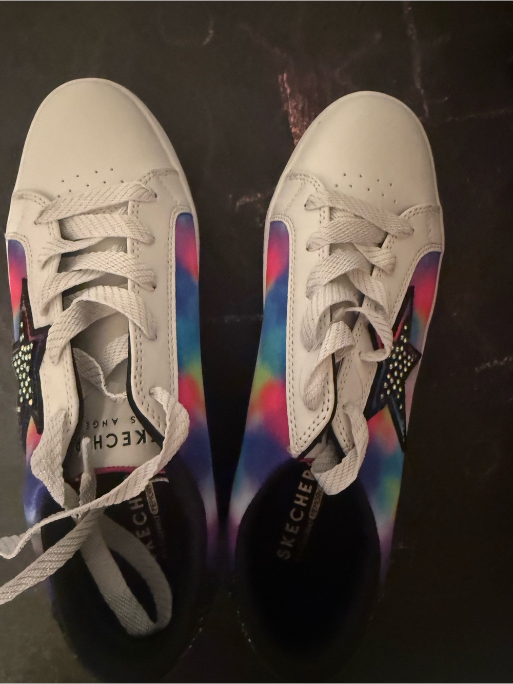 Skechers Kids White Sneakers with Rainbow Side Panels and Star Accent